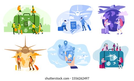 Travel and tourism concept. Buy ticket on plane in the app. Travel around the world. Set of vector illustration in cartoon style