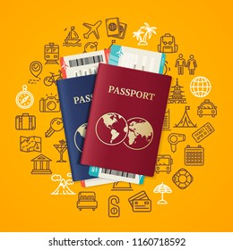 Travel and Tourism Concept Card with Realistic Detailed 3d Passport, Airplane Tickets and Thin Line Icons. Vector illustration