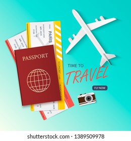 Travel and Tourism Concept Card with Realistic Detailed 3d Passport, Airplane Tickets and Thin Line Icons