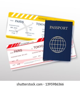 Travel and Tourism Concept Card with Realistic Detailed 3d Passport, Airplane Tickets and Thin Line Icons