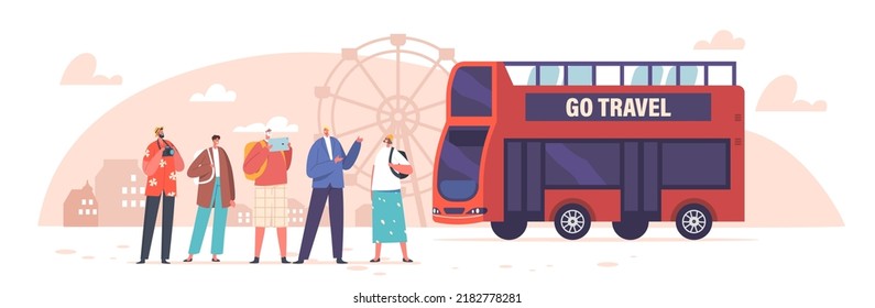 Travel And Tourism Concept. City Bus Tour In Double Decker, Group Of Tourists On Excursion In Europe. Diverse Male and Female Characters Visiting Sightseeing. Cartoon People Vector Illustration