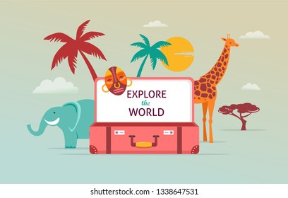 Travel and tourism concept design with open suitcase. Vector illustration