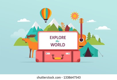 Travel and tourism concept design with open suitcase. Vector illustration