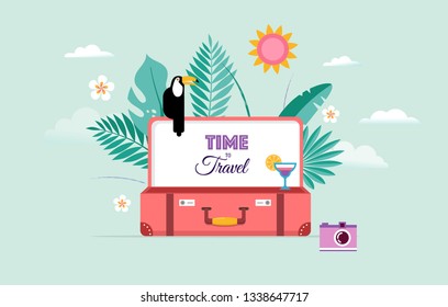 Travel and tourism concept design with open suitcase. Vector illustration