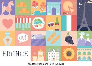 Travel and Tourism Concept France, South of France, Paris, Landmarks, Food, Drink, Architecture,  Flat Icons Design. Translation, Oui: Yes, Boulangerie: Bakery