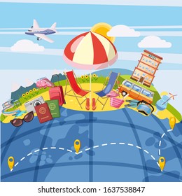 Travel tourism concept global. Cartoon illustration of travel tourism vector concept for web