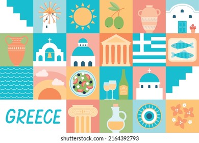 Travel And Tourism Concept Greece, Greek Islands, Landmarks, Food, Drink, Architecture,  Flat Icons Design 