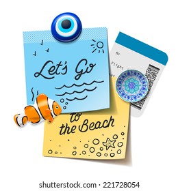 Travel and tourism concept. Lets go to the beach text on the post it notes, travel magnets, boarding pass, vector illustration.