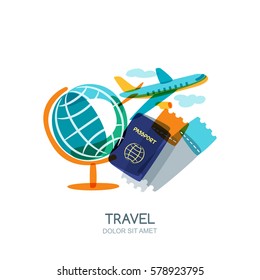 Travel and tourism concept. Multicolor globe, passport, airplane tickets and flying plane. Vector doodle isolated illustration. Trendy flat design for summer vacation.