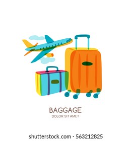 Travel and tourism concept. Multicolor luggage, suitcase, bag and flying plane. Vector doodle isolated illustration. Trendy flat design for summer vacation.