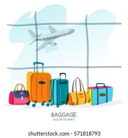 Travel and tourism concept. Multicolor luggage, suitcase, bag at the airport terminal window and flying plane. Vector doodle isolated illustration. Trendy flat design for summer vacation.