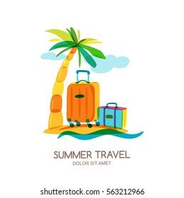 Travel and tourism concept. Multicolor tropical island landscape with palm tree and luggage suitcase. Vector doodle isolated illustration. Trendy flat design for summer vacation