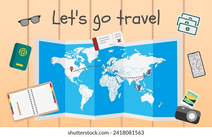 Travel and tourism concept with paper map, digital camera, passport, ticket, sunglasses, smartphone, money, and notebook. Vector illustration.