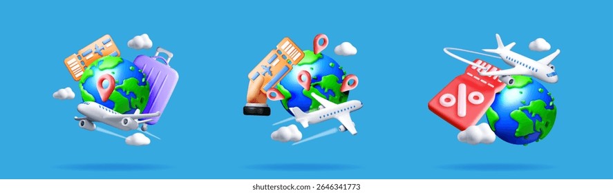 Travel and tourism concept set in 3d style. Earth globe with airplane, ticket, suitcase, and location pin for adventure.