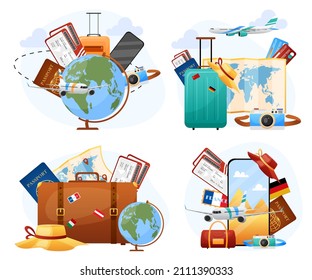 Travel, tourism concept of suitcase, big leather baggage, hand luggage, airplane, globe, hat, passport, map, ticket, camera, smartphone. Vacation design for web, mobile app. Vector illustration