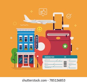 Travel and tourism concept. Summer vacation and air trip. Booking hotel. Vector illustration.