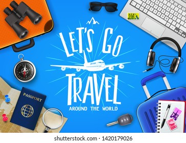 Travel Tourism Concept with Text Let's Go Travel Message in the Center with Realistic 3D Traveling Item Elements on the Side in Blue Background. Vector Illustration
