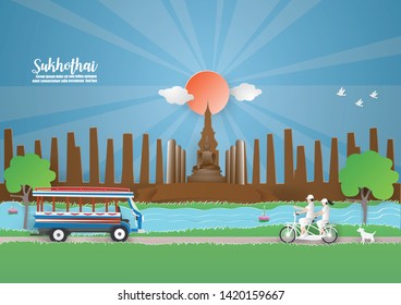 Travel and Tourism concept to Thailand  with traveler travelling by bicycle and Bus in SUKHOTHAI thailand "Pig car"into  temple in the Sukhothai Historical Park.vector and illustration craft style.