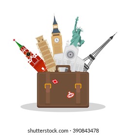 Travel or tourism concept. Tourist attractions or world landmarks in in the tourist suitcase. Vector illustration