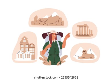 Travel and tourism concept. Tourist planning to visit landmarks, sightseeing, famous places. Girl with backpack, world tour, journey, trip. Flat vector illustration isolated on white background.