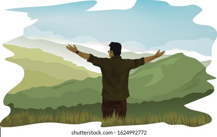 Travel and tourism Concept Vector Image, Happy man raised hands at sunrise Enjoying the nature beauty of Kerala, Mountain landscape scenery vector design