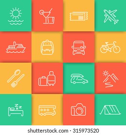Travel, tourism, cruise, vacation line icons set, vector illustration