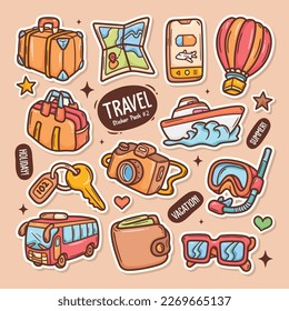 Travel Tourism Cute Doodle Vector Sticker Collection 