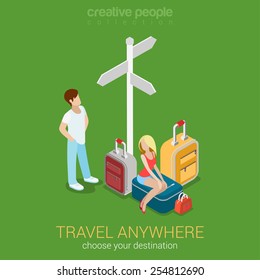 Travel Tourism Destinations Flat 3d Web Isometric Infographic Concept Vector. Sexy Young Woman Sitting On Suitcase And Her Companion At Crossroads And Route Direction Sign. Creative People Collection.