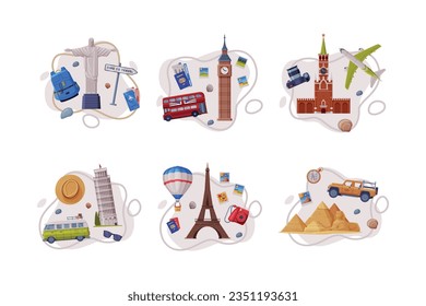 Travel and Tourism with Different City Landmark and Objects Vector Composition Set