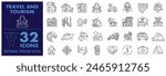 Travel and Tourism Editable Stroke icon sets. Traveller, vacations and holiday traveling, adventurer, Trekker and vacation Vector elements