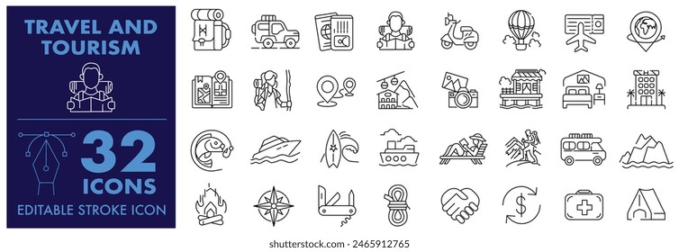 Travel and Tourism Editable Stroke icon sets. Traveller, vacations and holiday traveling, adventurer, Trekker and vacation Vector elements