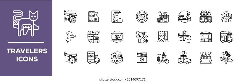 Travel and Tourism Editable Stroke icon sets. Traveller, vacations and holiday traveling, adventurer, Trekker and vacation Vector elements