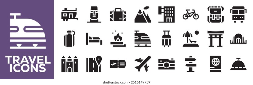 Travel and Tourism Editable Stroke icon sets. Traveler, vacations and holiday traveling, adventurer, Trekker and vacation Vector elements