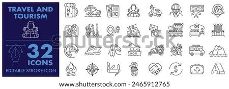 Travel and Tourism Editable Stroke icon sets. Traveller, vacations and holiday traveling, adventurer, Trekker and vacation Vector elements