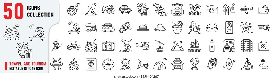 Travel and Tourism editable stroke icons, Tourism icons also include safari, beach, wanderlust, hiking, cruise ship, road triIp, beach resort