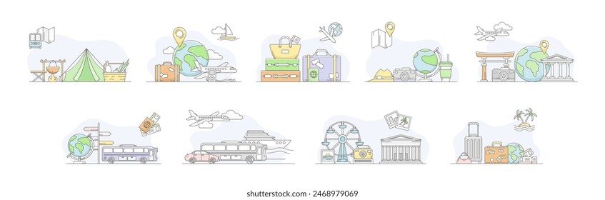 Travel and Tourism Element and Object Line Vector Set