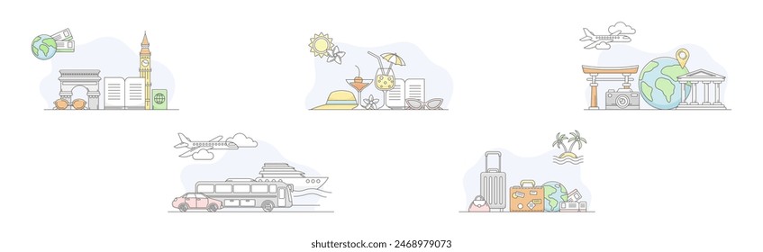Travel and Tourism Element and Object Line Vector Set