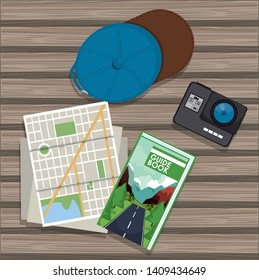 Travel and tourism elements hat camera and guide post with city map on table vector illustration graphic design