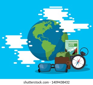 Travel and tourism elements over blue and white background vector illustration graphic design
