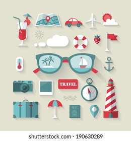 Travel and tourism flat icons set. Vector illustration