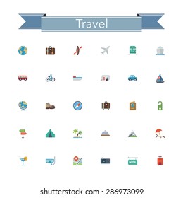 Travel and tourism flat icons set. Vector illustration.