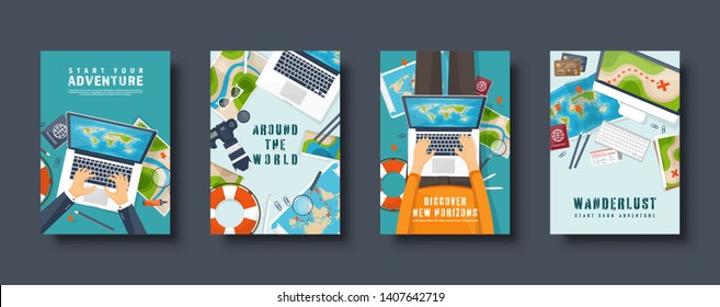 Travel and tourism flat style covers set. World, earth map navigation. Journey, summer time holidays. Travelling, exploring worldwide. Vector illustration.