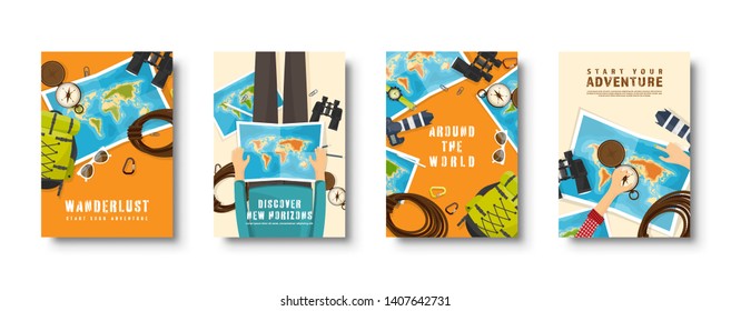 Travel and tourism flat style covers set. World, earth map navigation. Journey, summer time holidays. Travelling, exploring worldwide. Vector illustration.