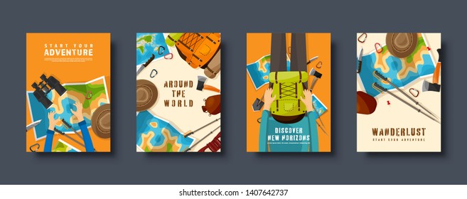 Travel and tourism flat style covers set. World, earth map navigation. Journey, summer time holidays. Travelling, exploring worldwide. Vector illustration.