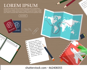 Travel, tourism in a flat style. World travel. Traveller table. Vector illustration
