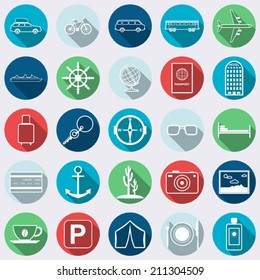 Travel and tourism flat vector icons. Flat design elements with long shadows.