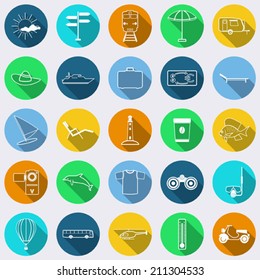 Travel and tourism flat vector icons. Flat design elements with long shadows.