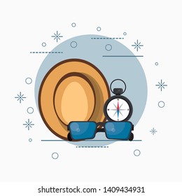 Travel and tourism hat sunglasses and navigation compass cartoons over round background with stars vector illustration graphic design