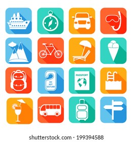 Travel tourism holiday vacation flat icons set of ship compass car isolated vector illustration