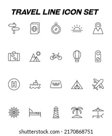Travel, tourism, holiday, vacation sign. Line icon set with vector signs of direction pointer, compass, sun, geo sign, ticket, suitcase, luggage, bicycle, balloon etc